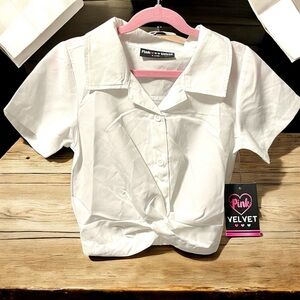 New girls pink velvet white button up top